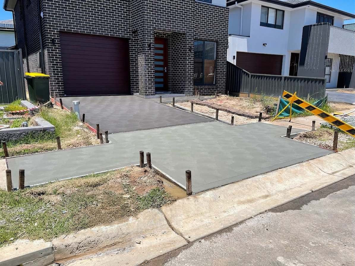 New concrete driveway and kerb with crossover at a residential construction site