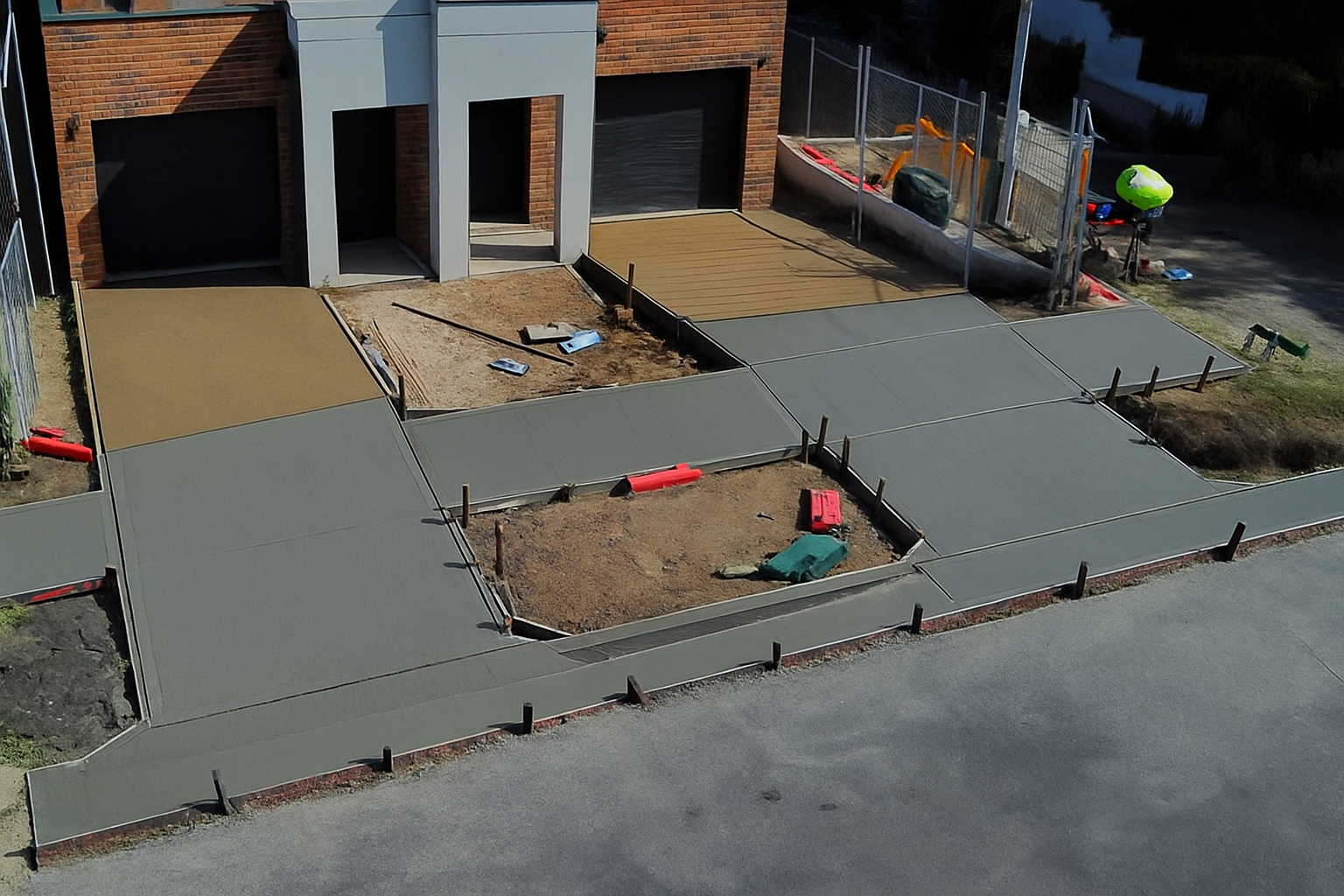 Civil works: aerial view of a new concrete driveway pour at a residential site