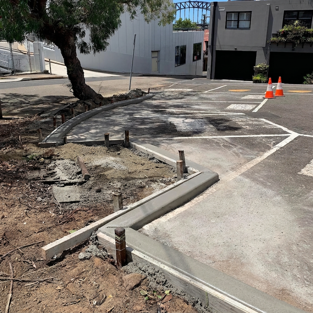 New concrete kerb beside asphalt with parking bay markings and traffic cones on a commercial street