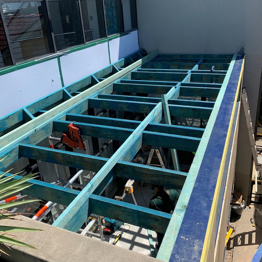 Treated timber joists and bearers forming the subframe of an elevated deck