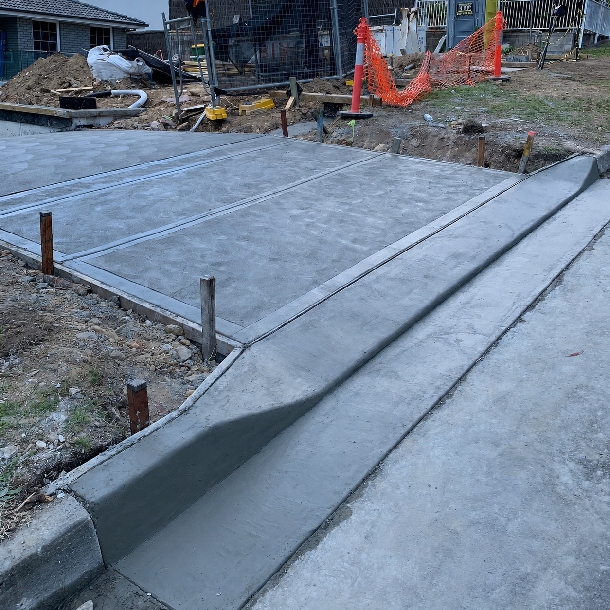 New concrete driveway, curb, and gutter at a residential site