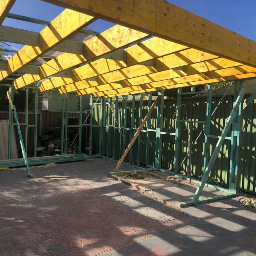 Outdoor patio extension framing over existing brick paving