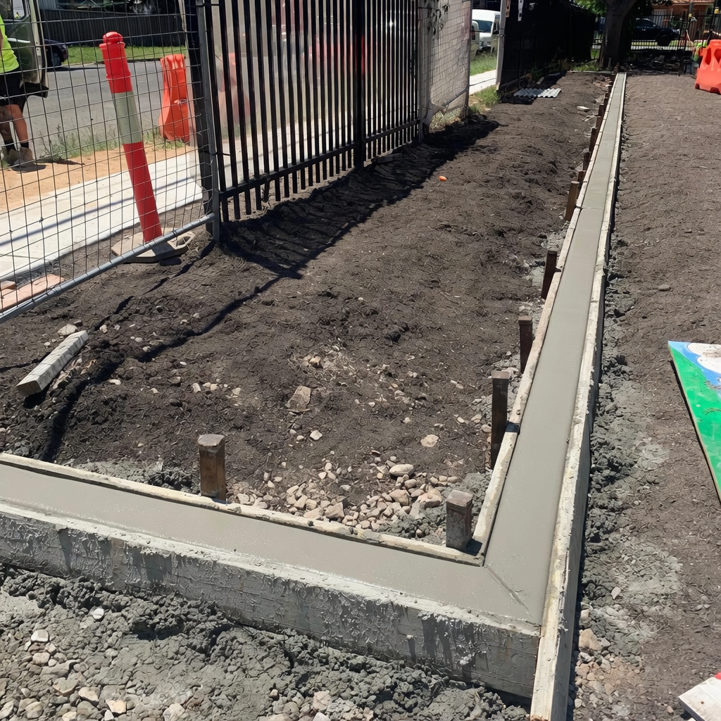 Fresh concrete footing and border pour held in timber formwork