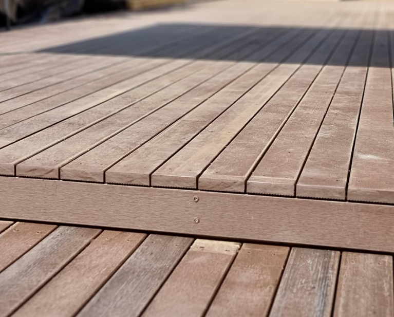 Decking: close-up of deck boards with step and fascia detail